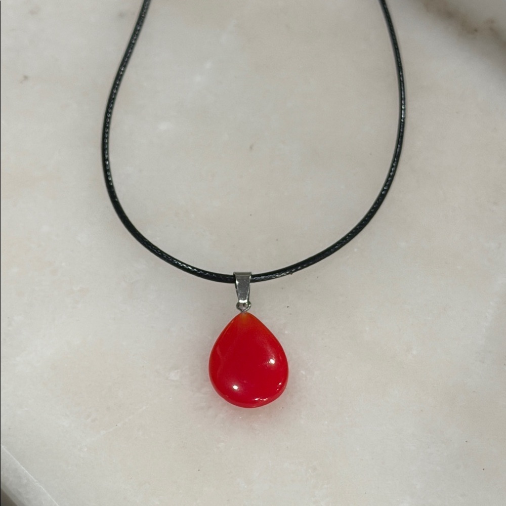 Ruby Teardrop Pendant Necklace Minimalist Red Agate Stone Black Cord Gift